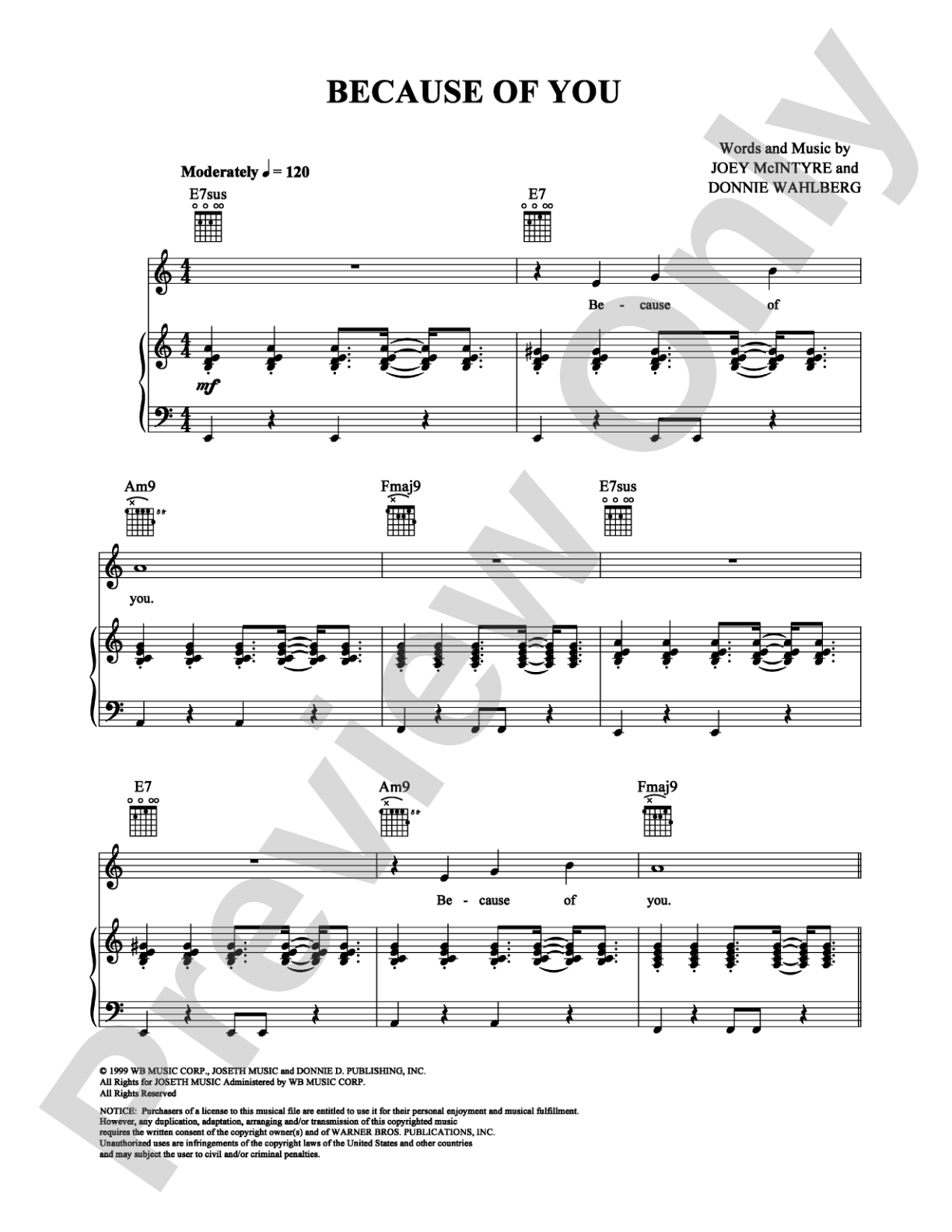 Because of You: Piano/Vocal/Chords Digital Sheet Music