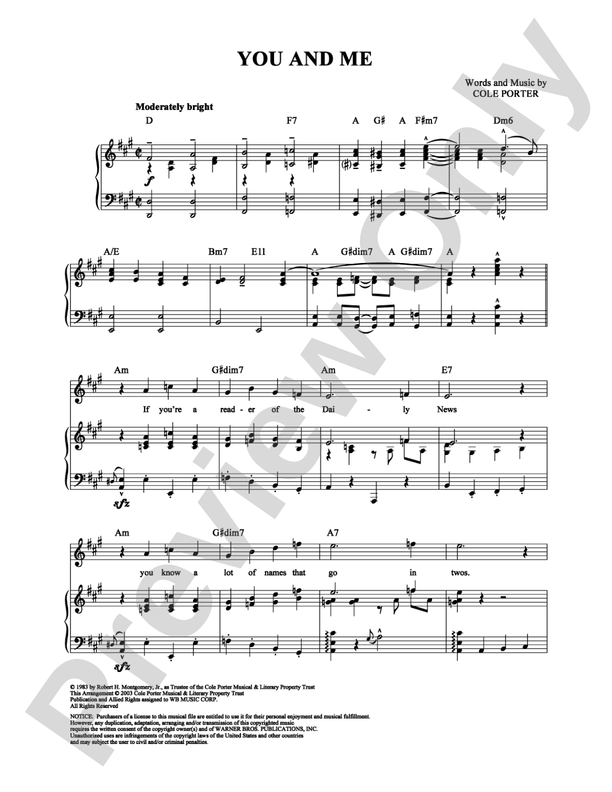 You and Me: Piano/Vocal/Chords Digital Sheet Music
