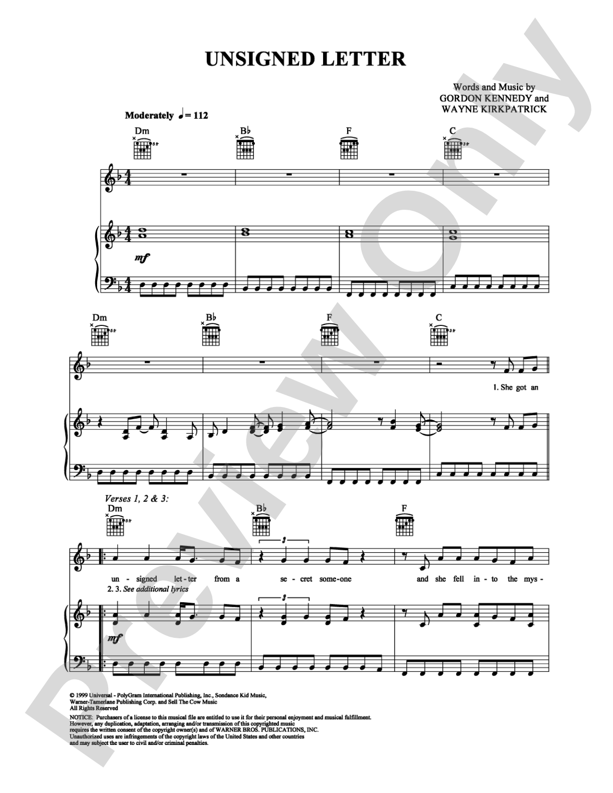 Unsigned Letter: Piano/Vocal/Chords Digital Sheet Music