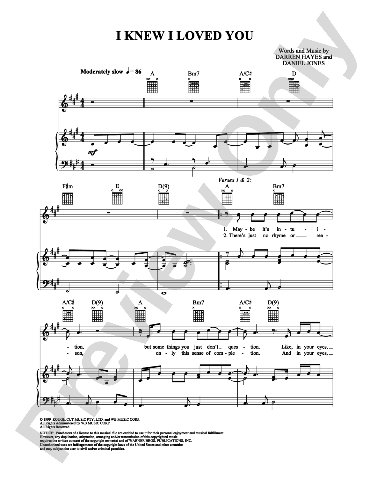I Knew I Loved You: Piano/Vocal/Chords Digital Sheet Music