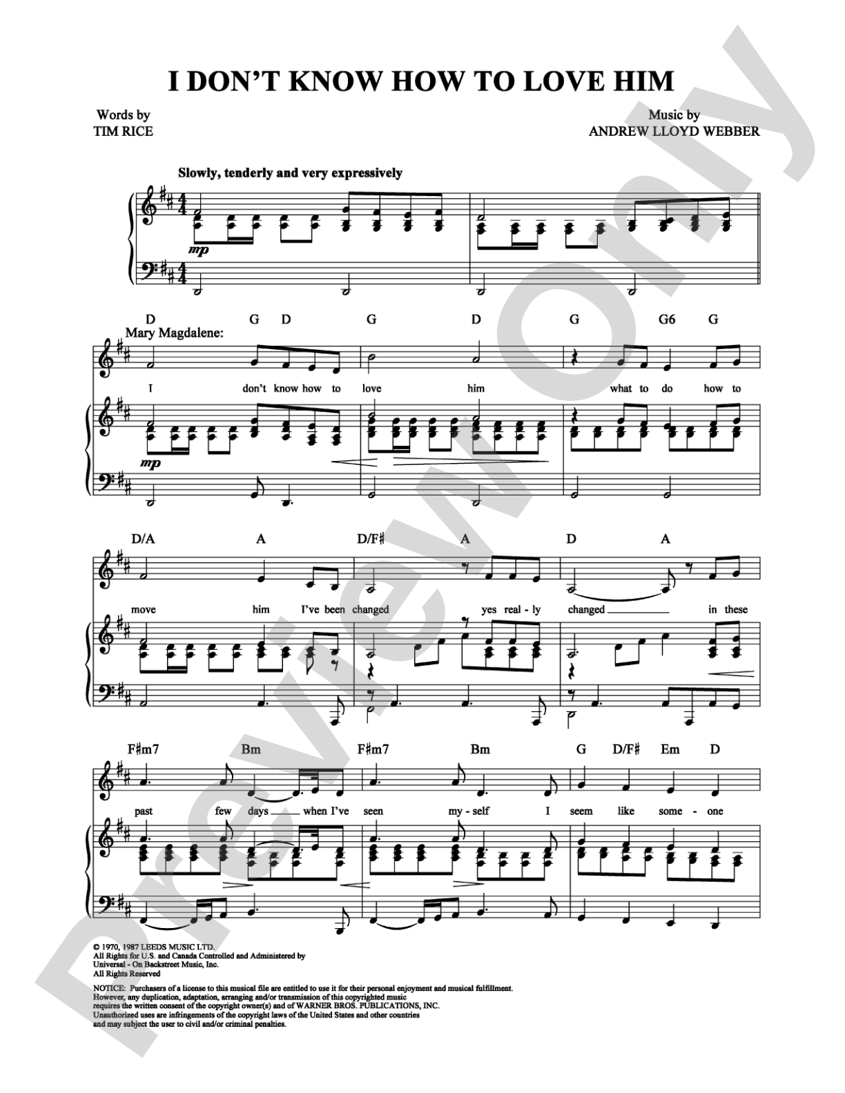 I Don't Know How To Love Him: Piano/Vocal/Chords Digital Sheet Music