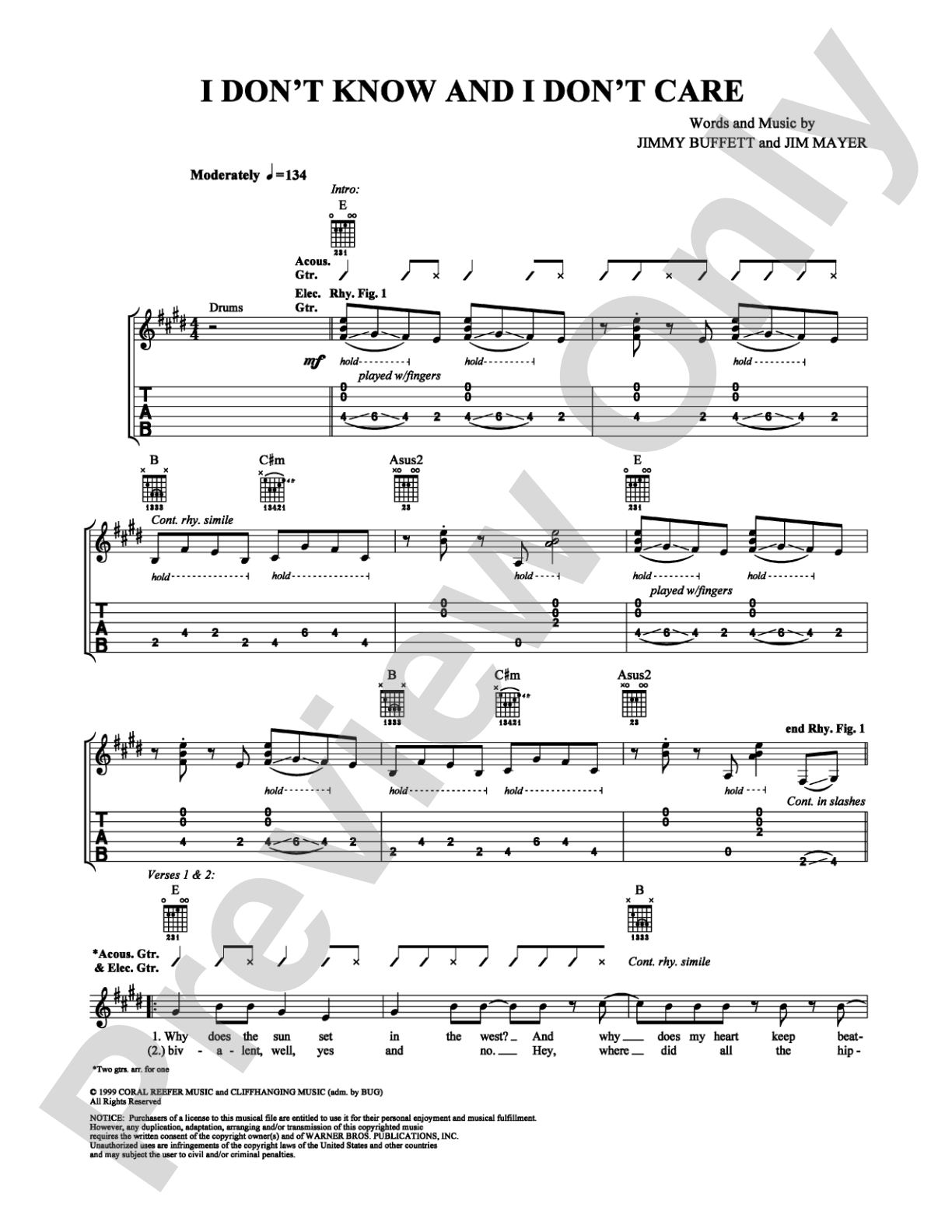 I Don't Know and I Don't Care: Guitar TAB Digital Sheet Music