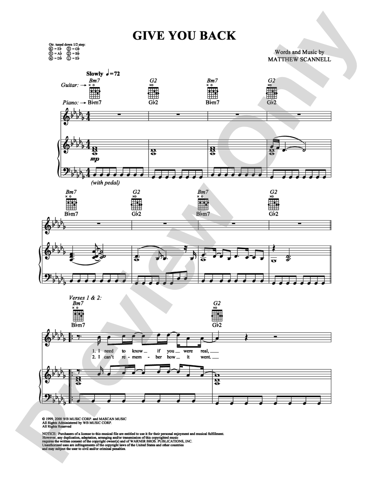Give You Back: Piano/Vocal/Chords Digital Sheet Music