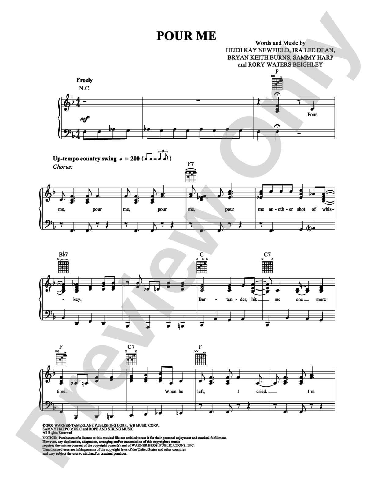 Pour Me: Piano/Vocal/Chords Digital Sheet Music