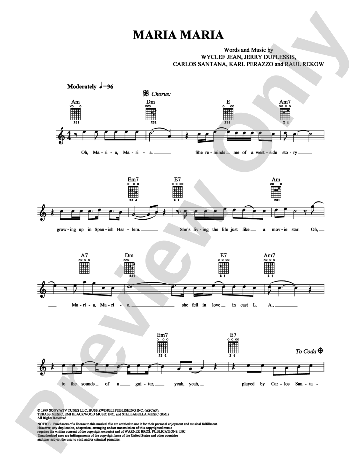 Maria Maria: Easy Guitar Digital Sheet Music