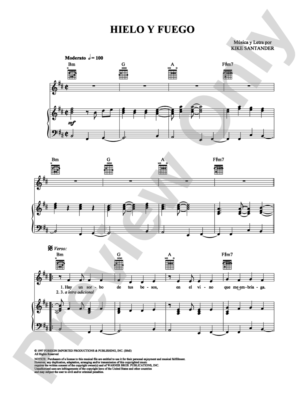 Hielo y Fuego: Piano/Vocal/Chords Digital Sheet Music
