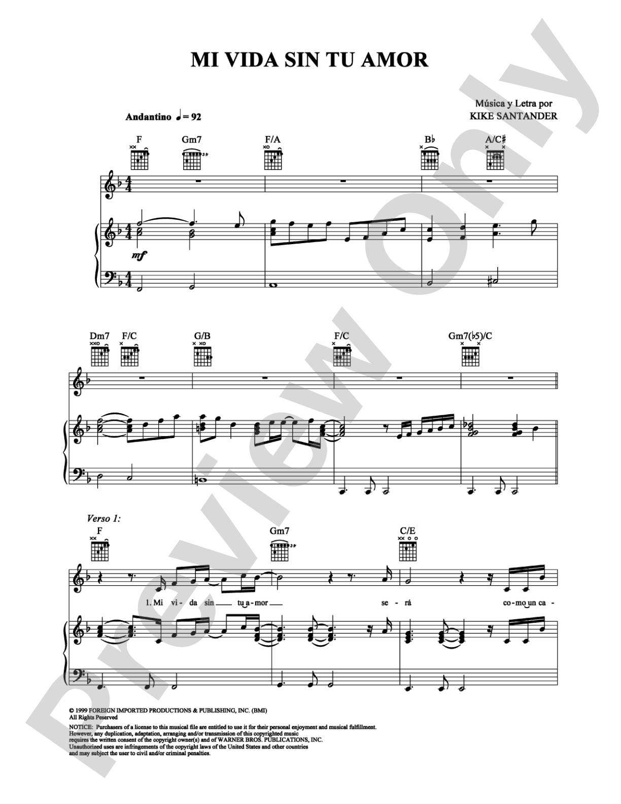 Mi Vida Sin Tu Amor: Piano/Vocal/Chords Digital Sheet Music