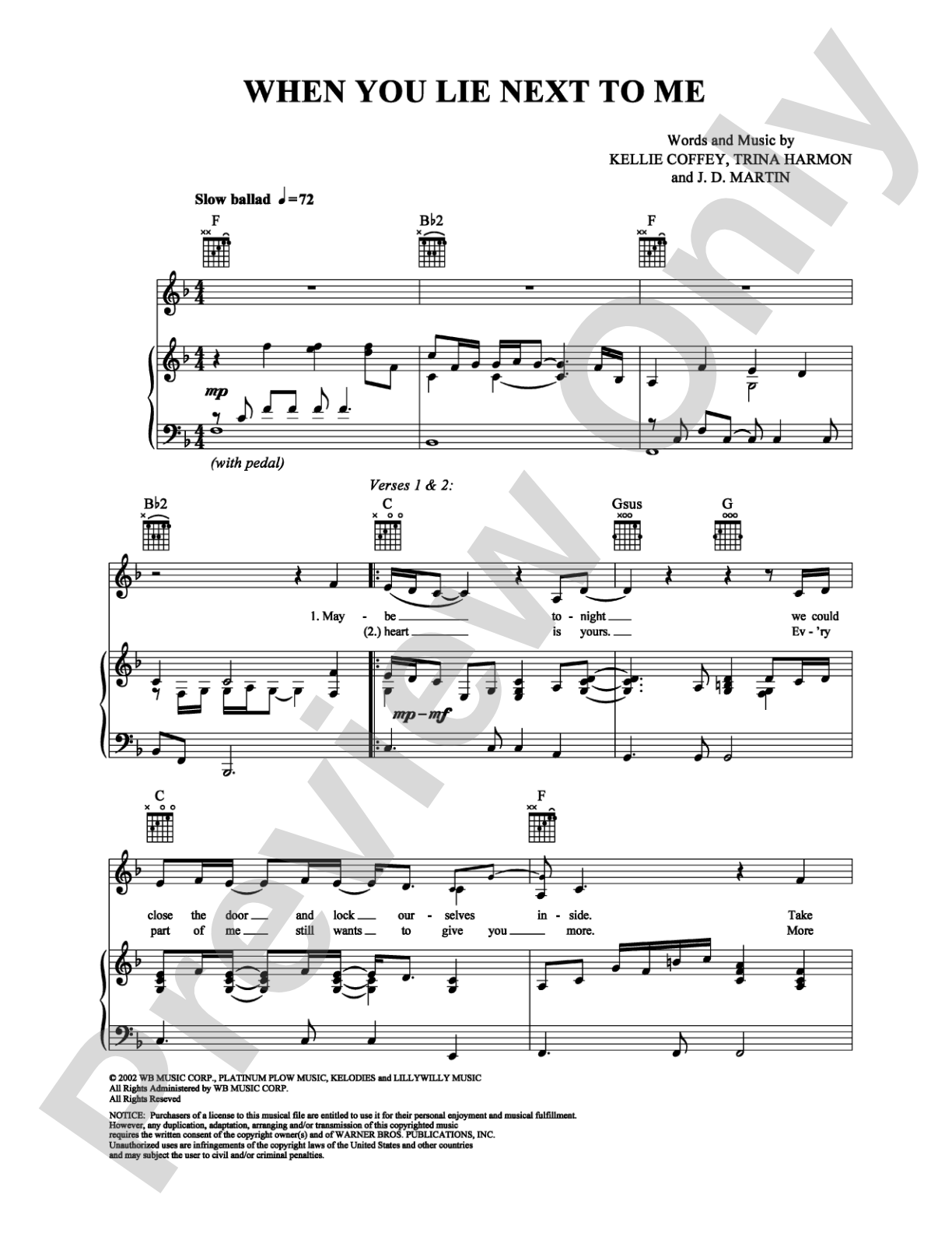 When You Lie Next to Me: Piano/Vocal/Chords Digital Sheet Music