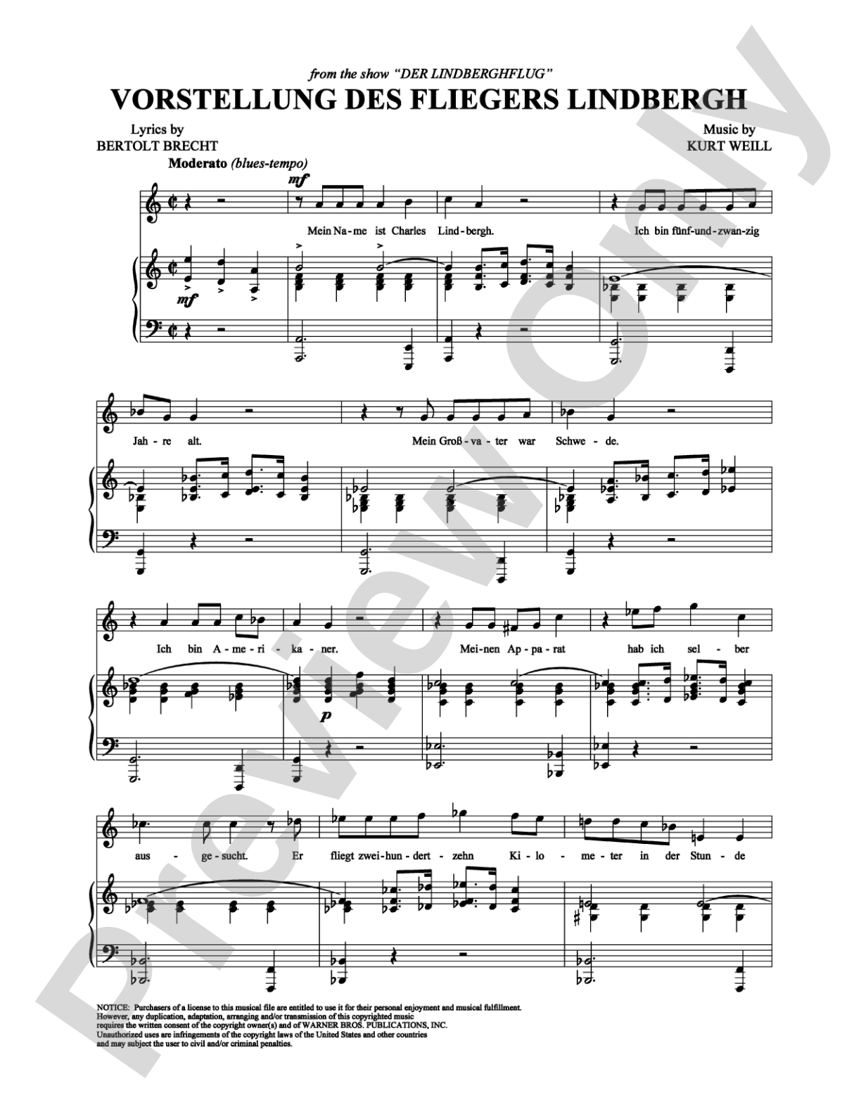 Vorstellung des Fliegers Lindbergh: Piano/Vocal/Chords Digital Sheet Music