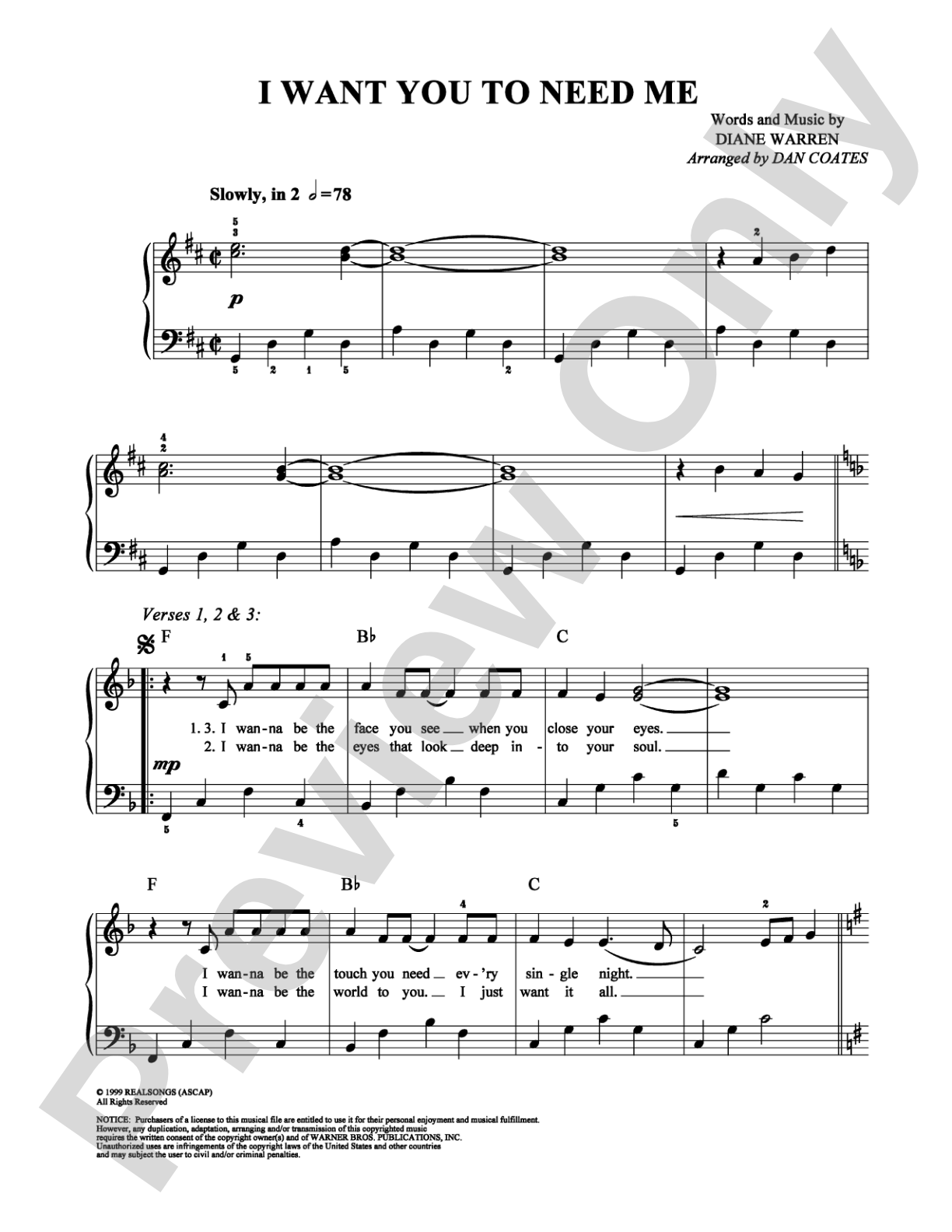 I Want You to Need Me: Easy Piano Digital Sheet Music