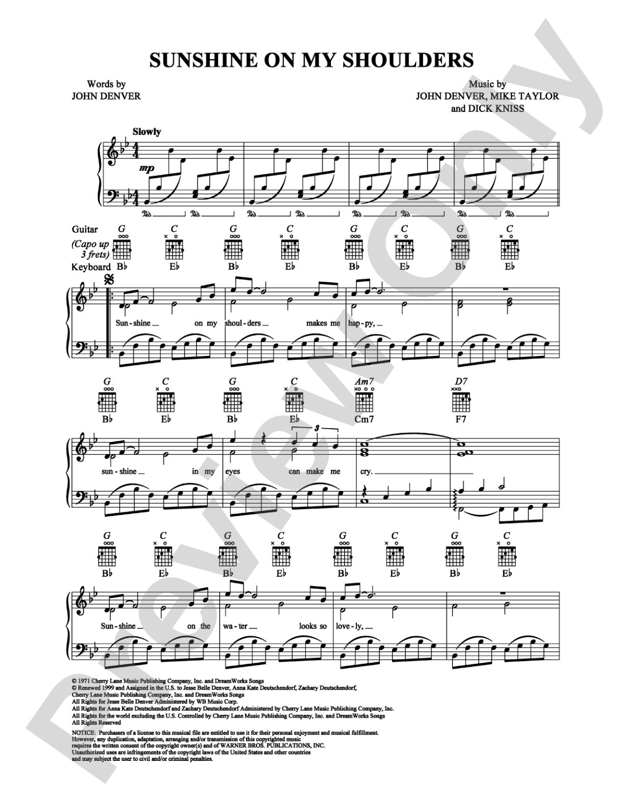 Sunshine on My Shoulders: Piano/Vocal/Chords Digital Sheet Music