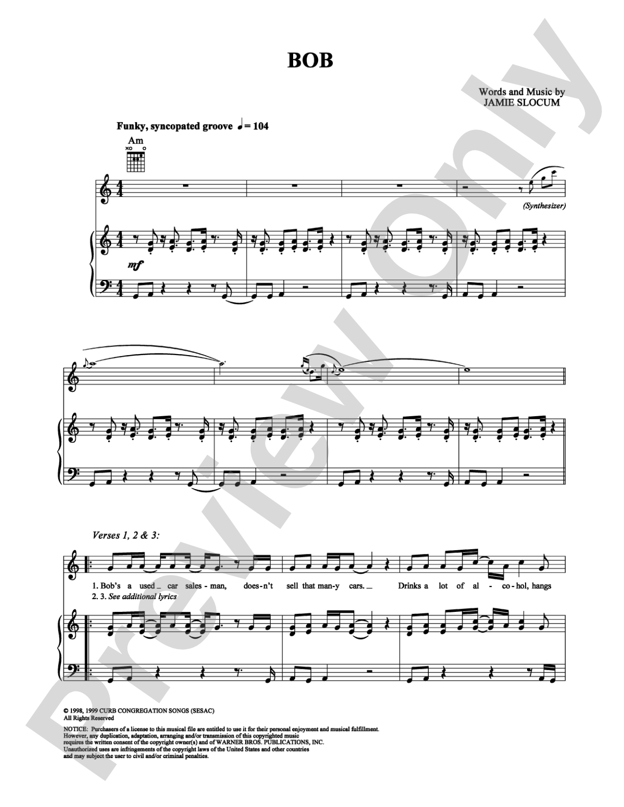 Bob: Piano/Vocal/Chords Digital Sheet Music