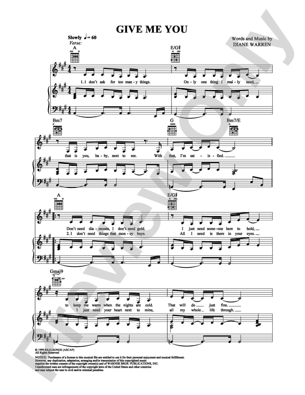 Give Me You: Piano/Vocal/Chords Digital Sheet Music