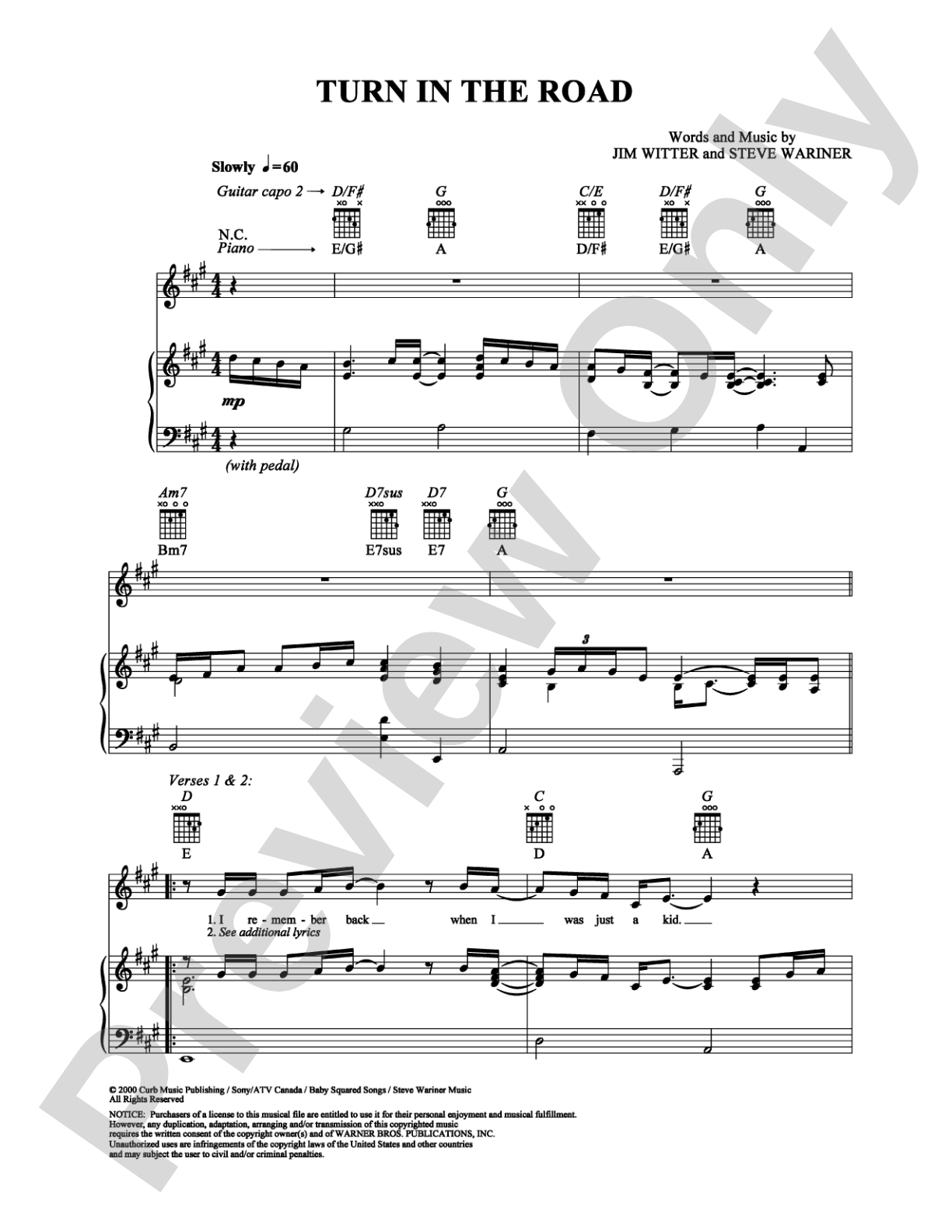 Turn In the Road: Piano/Vocal/Chords Digital Sheet Music