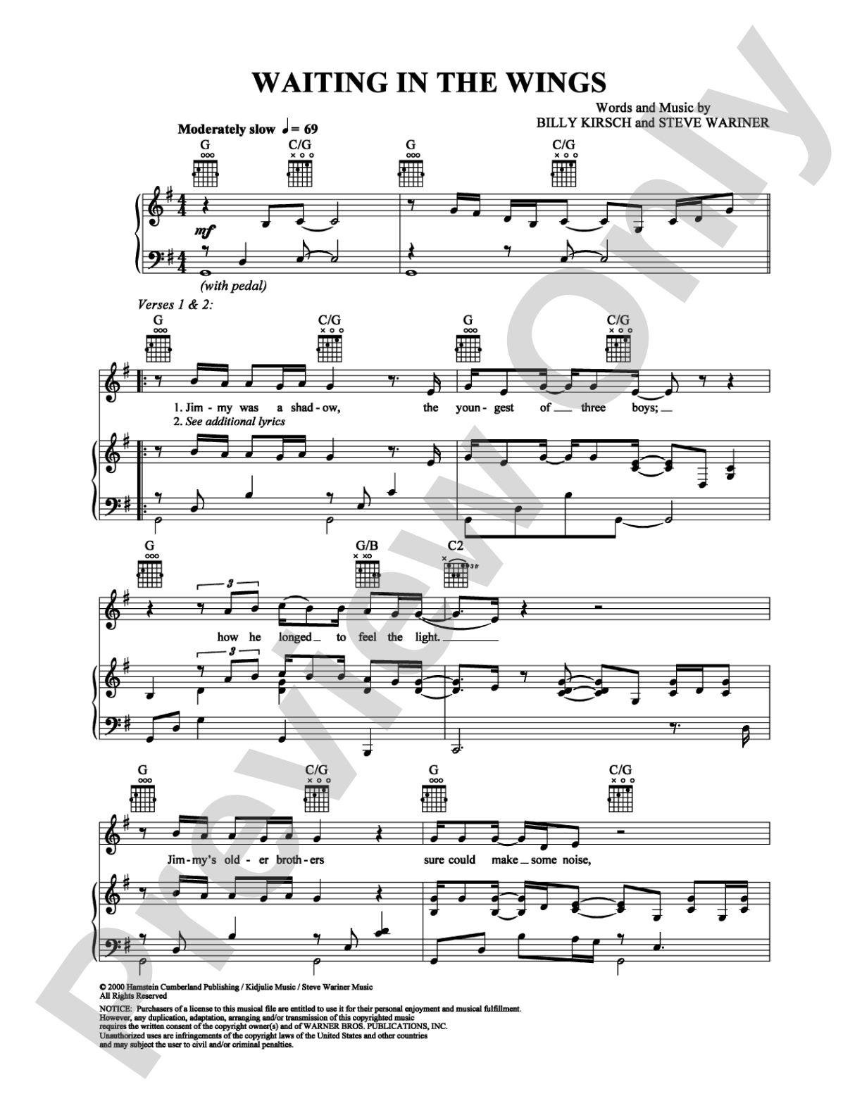 Waiting In the Wings: Piano/Vocal/Chords Digital Sheet Music