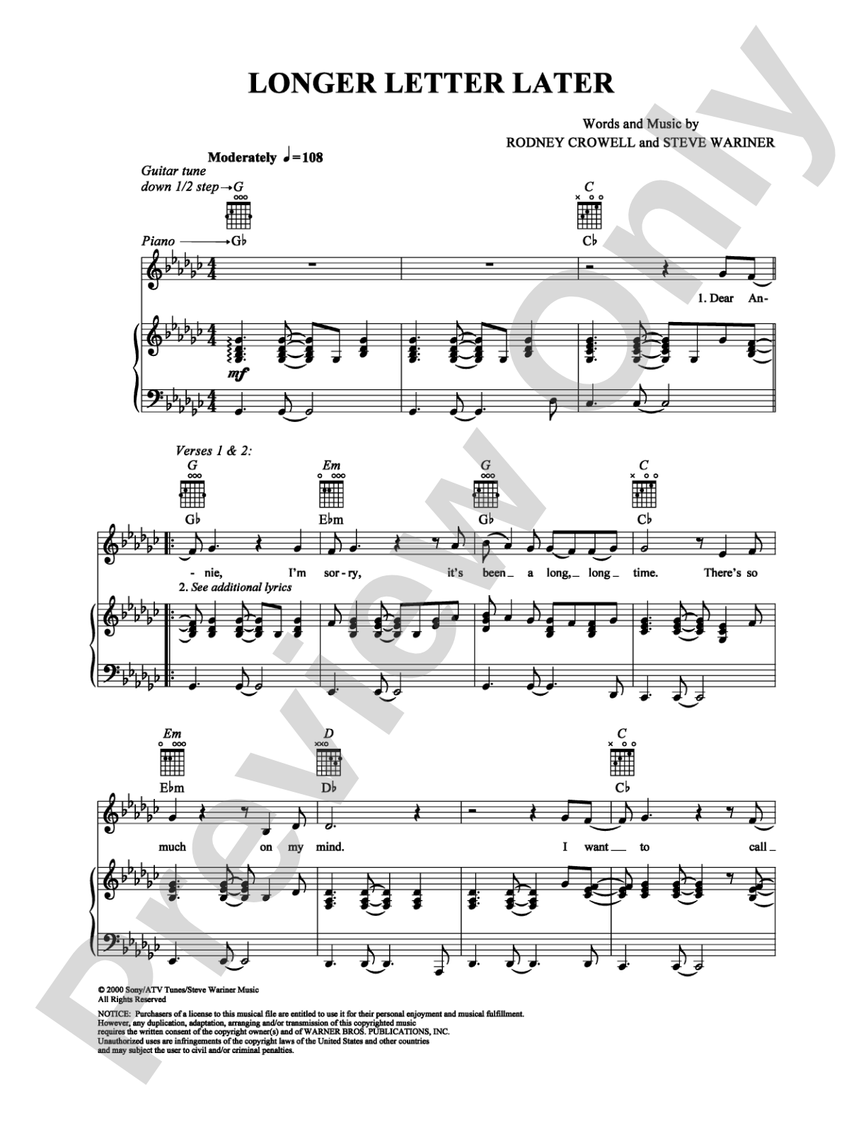 Longer Letter Later: Piano/Vocal/Chords Digital Sheet Music