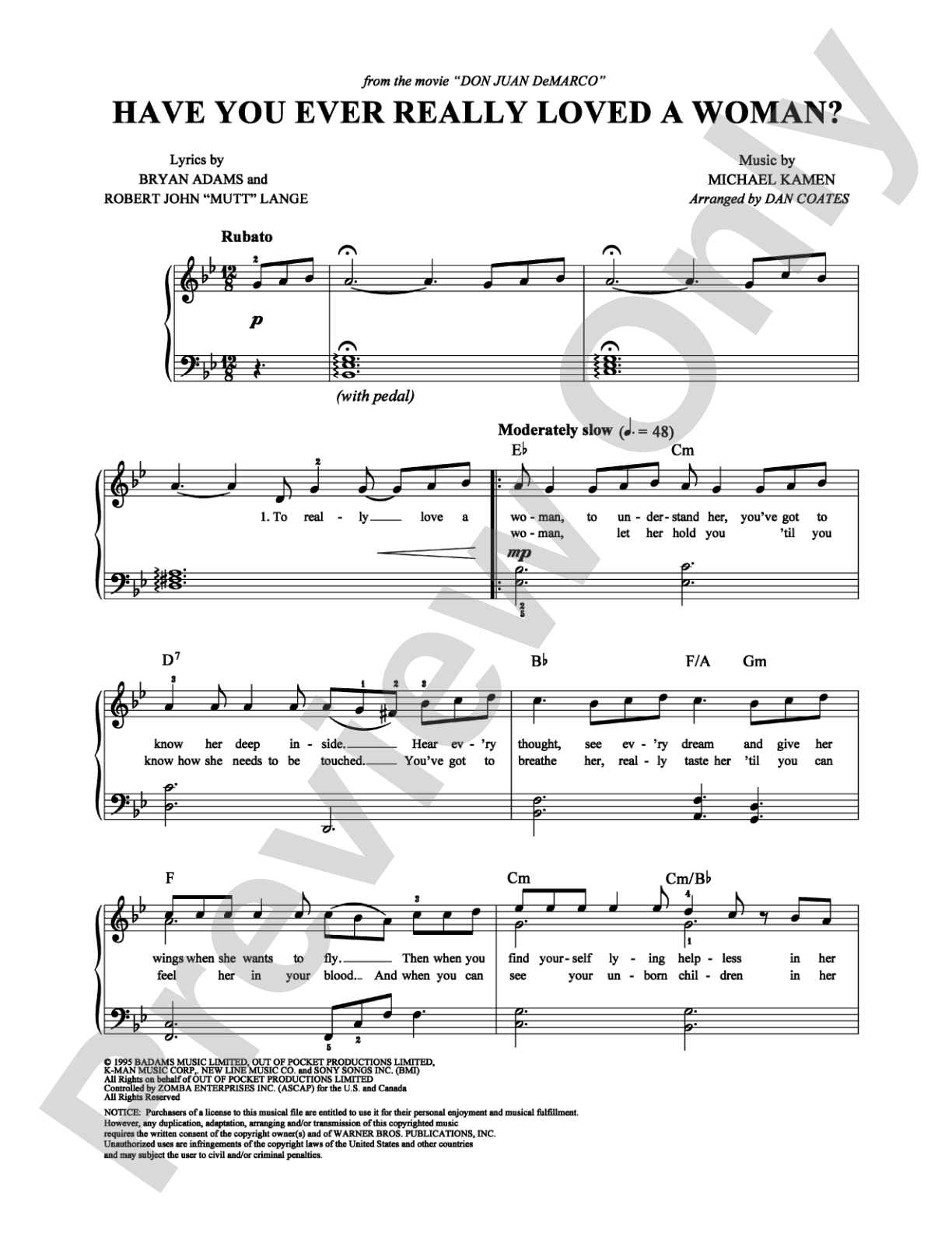 Have You Ever Really Loved A Woman?: Easy Piano Digital Sheet Music