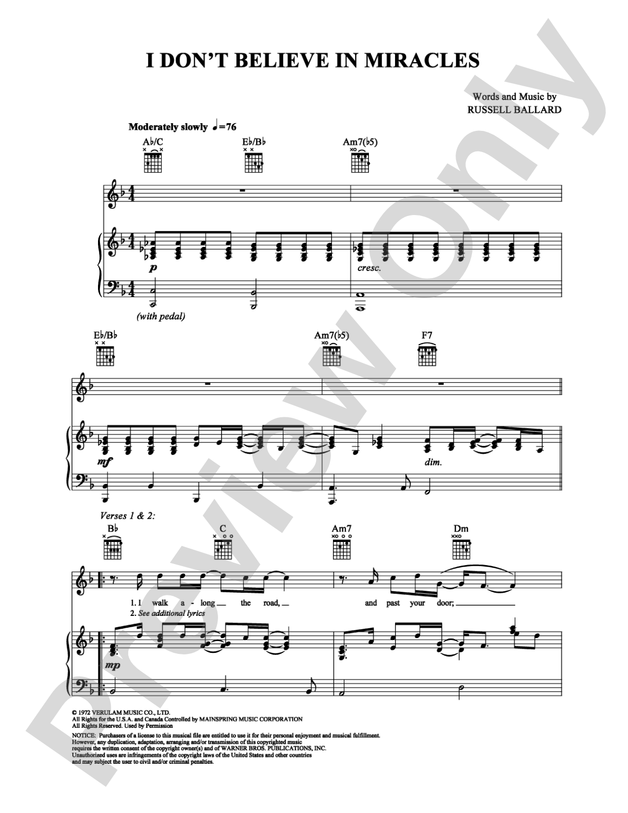 I Don't Believe in Miracles: Piano/Vocal/Chords Digital Sheet Music