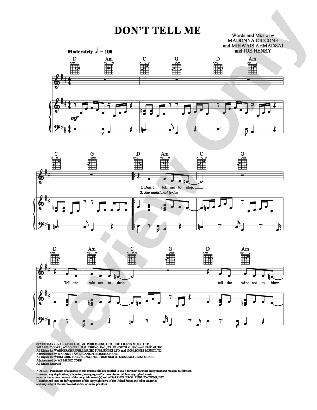 Don't Tell Me: Piano/Vocal/Chords Digital Sheet Music