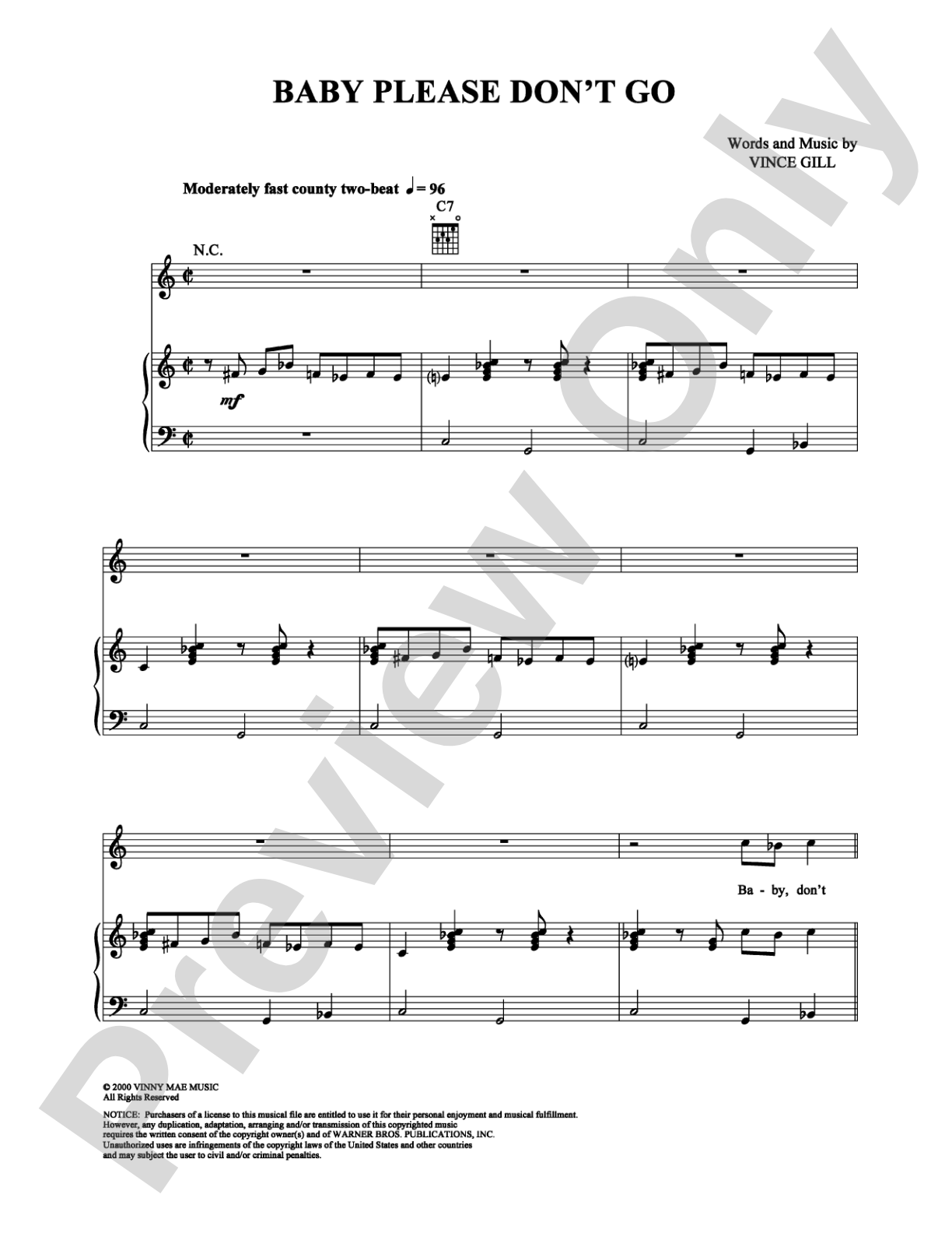 Baby Please Don't Go: Piano/Vocal/Chords Digital Sheet Music