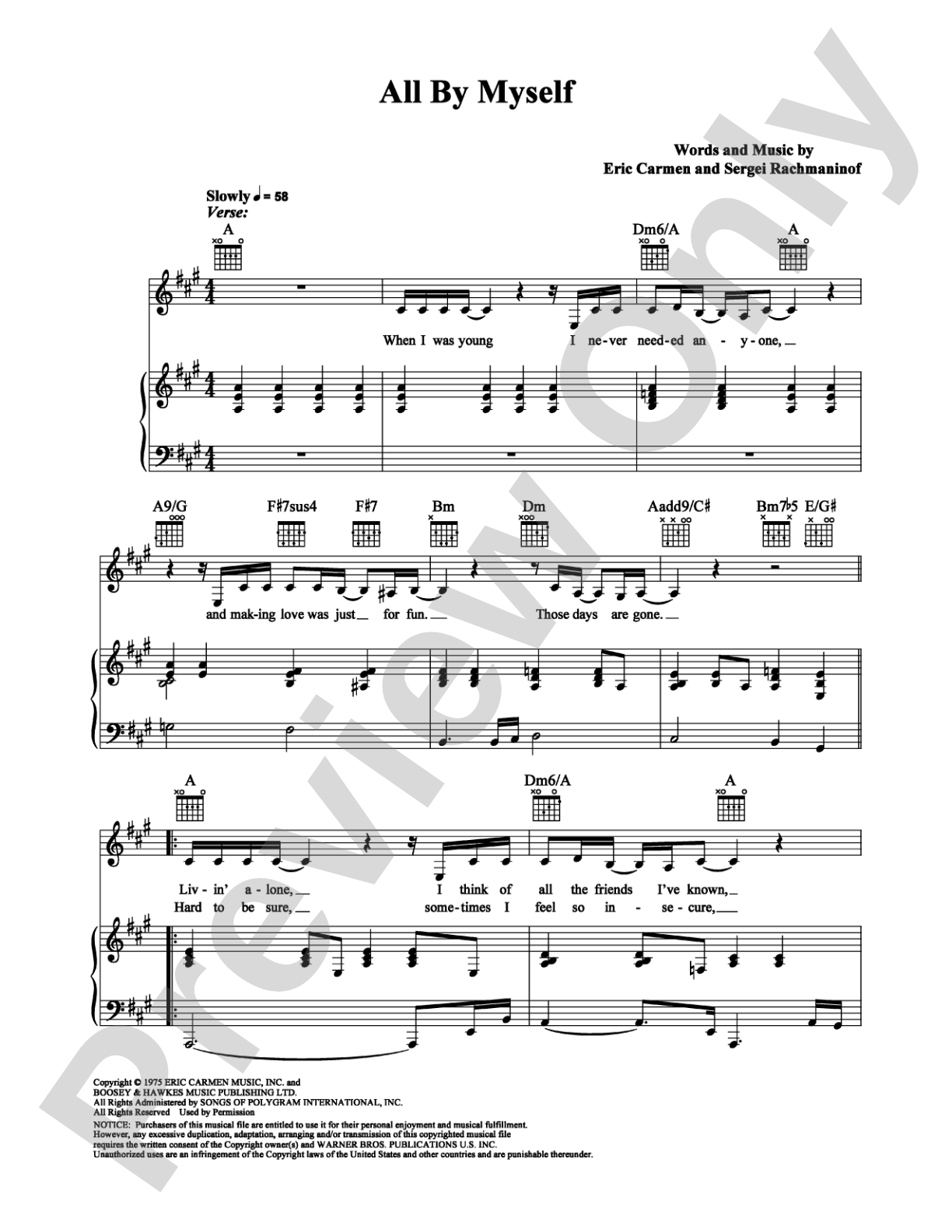 All By Myself: Piano/Vocal/Chords Digital Sheet Music
