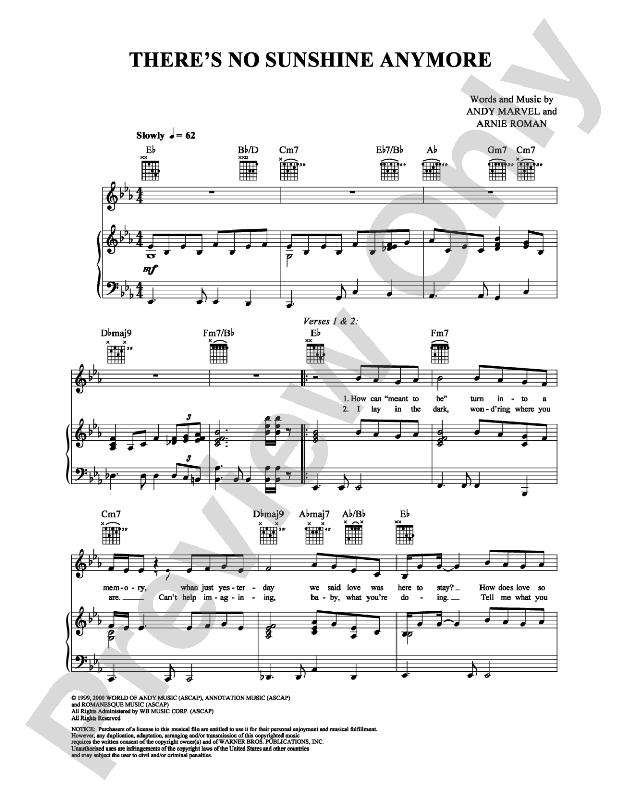 There's No Sunshine Anymore: Piano/Vocal/Chords Digital Sheet Music