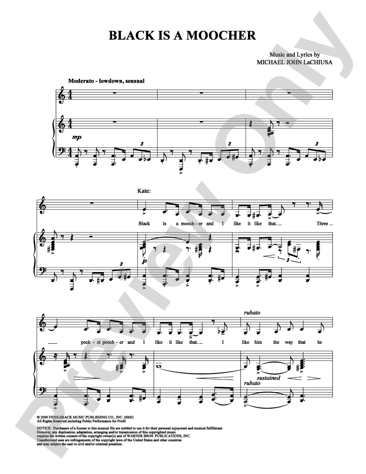 Black Is a Moocher: Piano/Vocal/Chords Digital Sheet Music