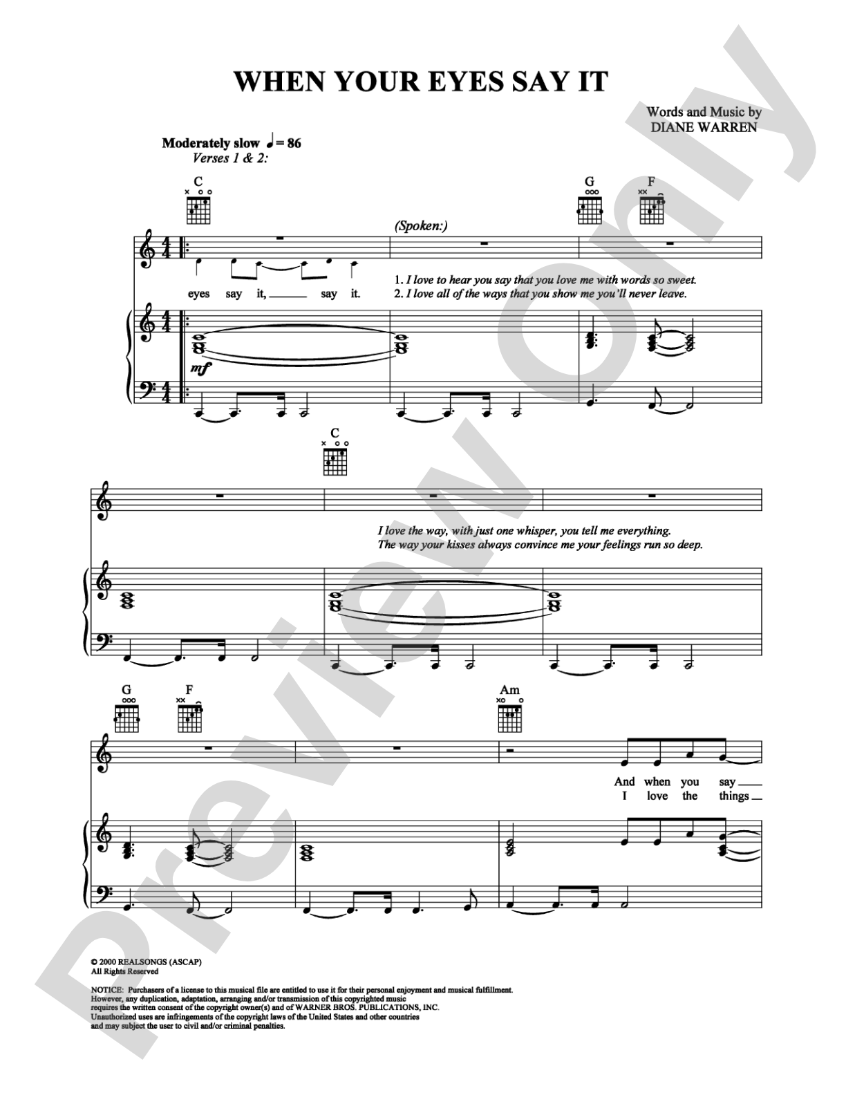 When Your Eyes Say It: Piano/Vocal/Chords Digital Sheet Music