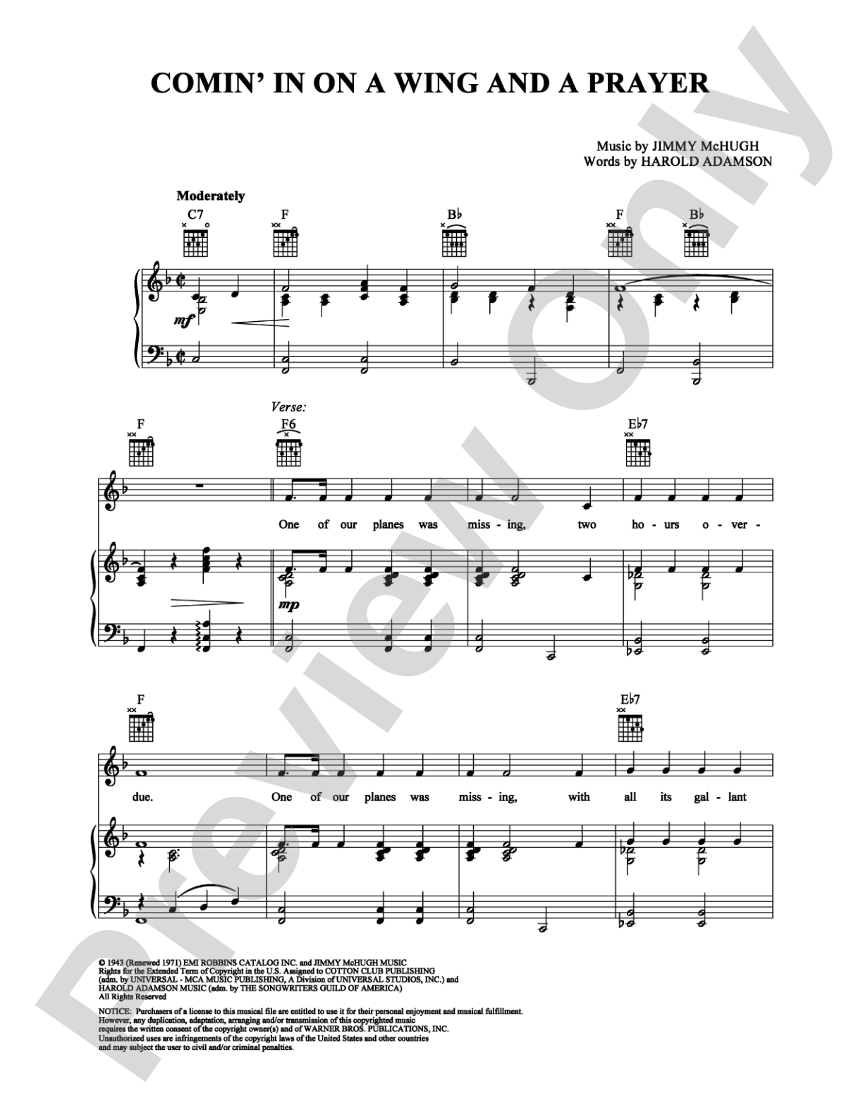 Comin' in on a Wing and a Prayer: Piano/Vocal/Chords Digital Sheet Music