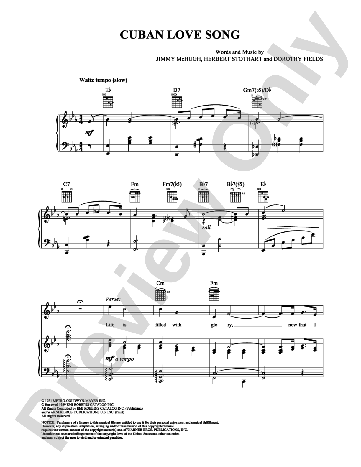 Cuban Love Song: Piano/Vocal/Chords Digital Sheet Music