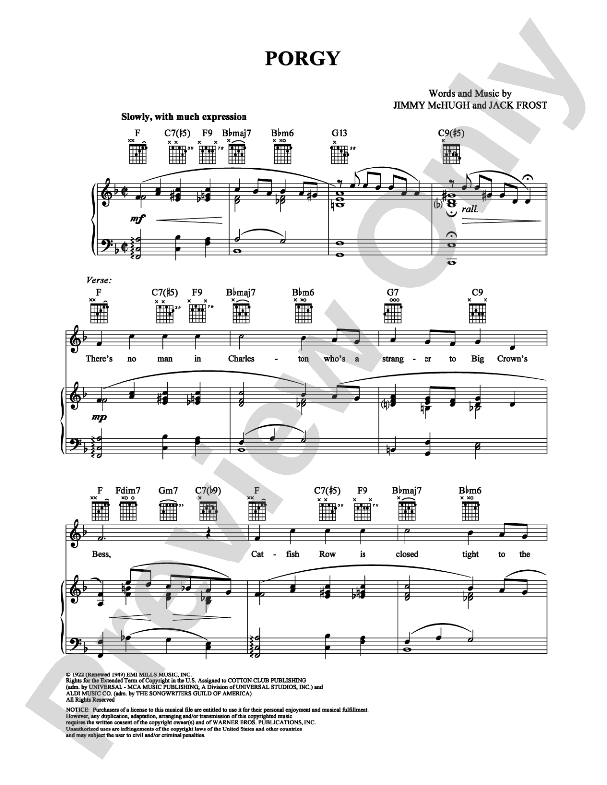 Porgy: Piano/Vocal/Chords Digital Sheet Music