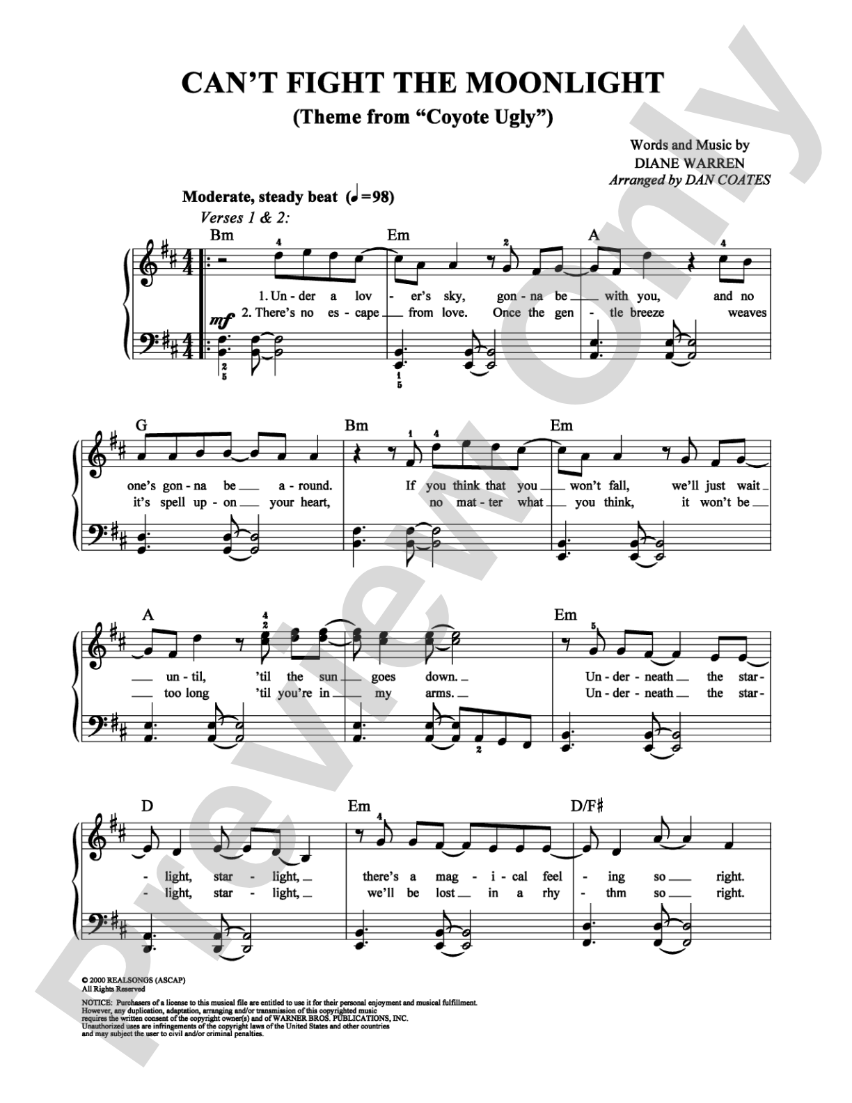 Can't Fight The Moonlight: Easy Piano Digital Sheet Music