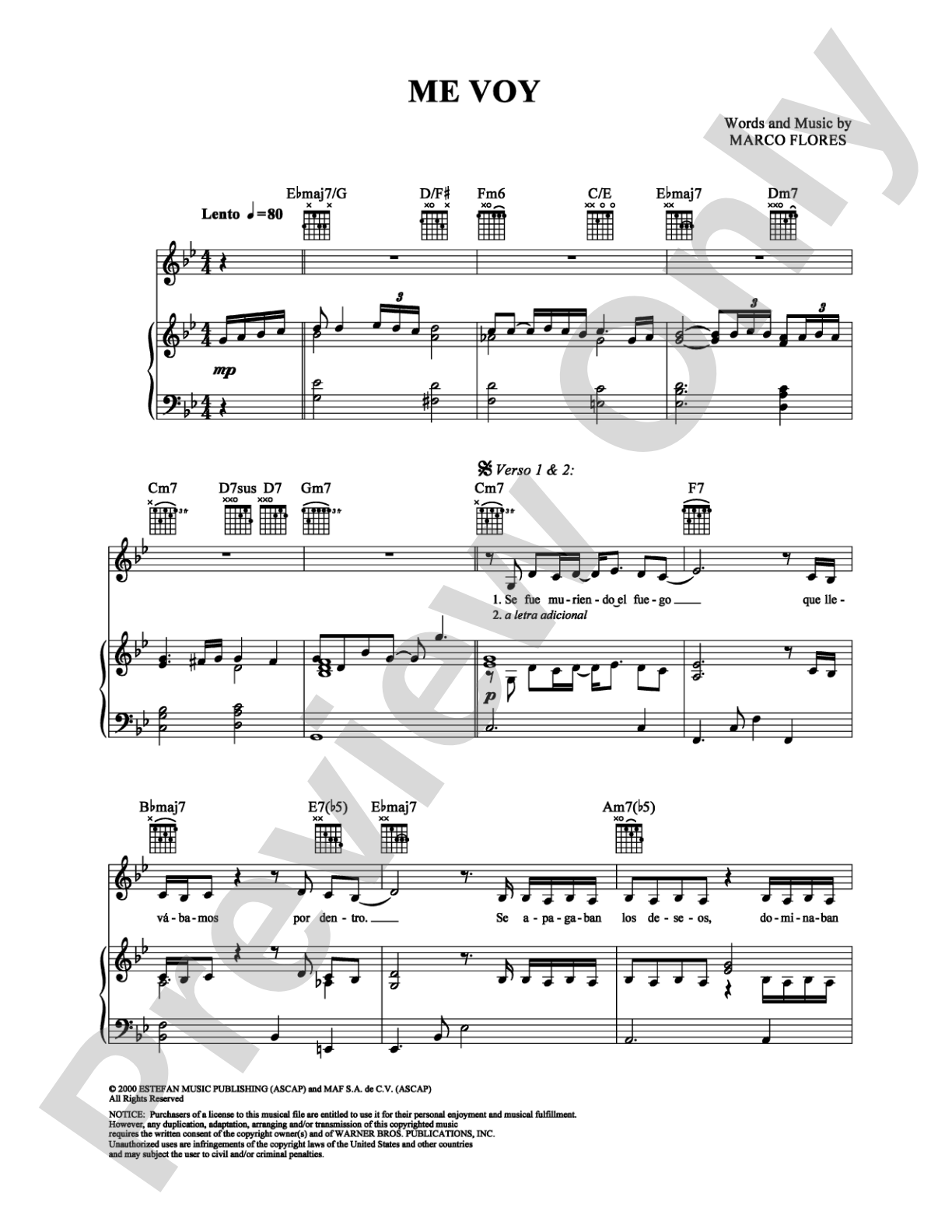 Me Voy: Piano/Vocal/Chords Digital Sheet Music