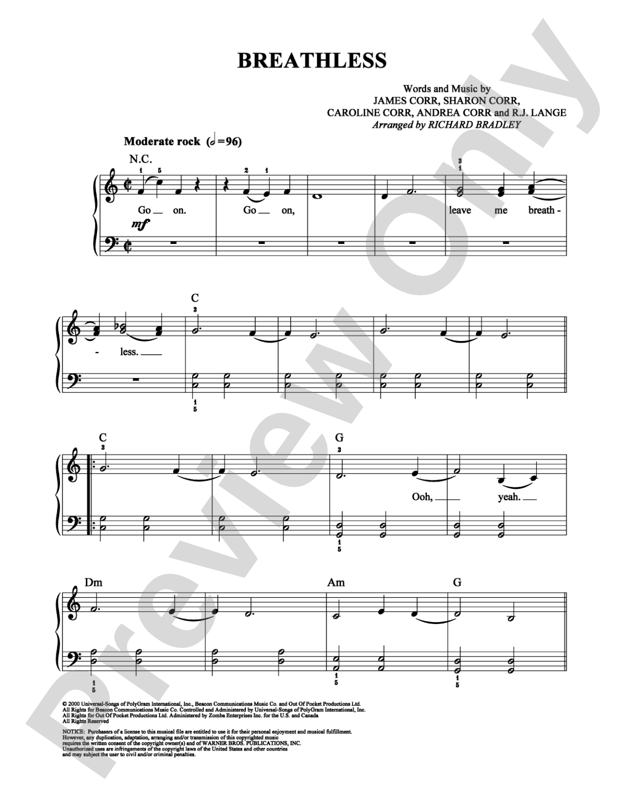 Breathless: Easy Piano Digital Sheet Music