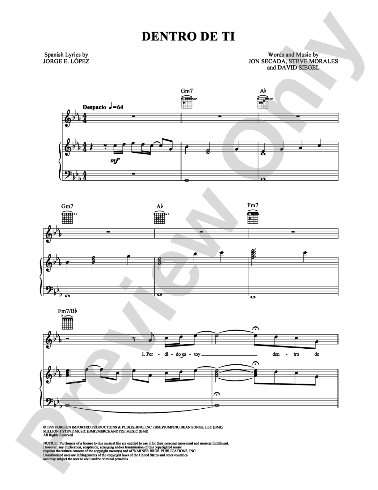 Dentro de Ti: Piano/Vocal/Chords Digital Sheet Music
