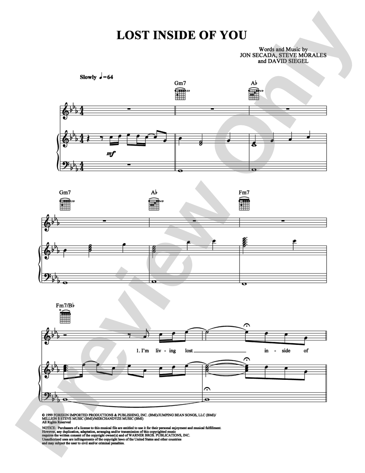 Lost Inside of You: Piano/Vocal/Chords Digital Sheet Music