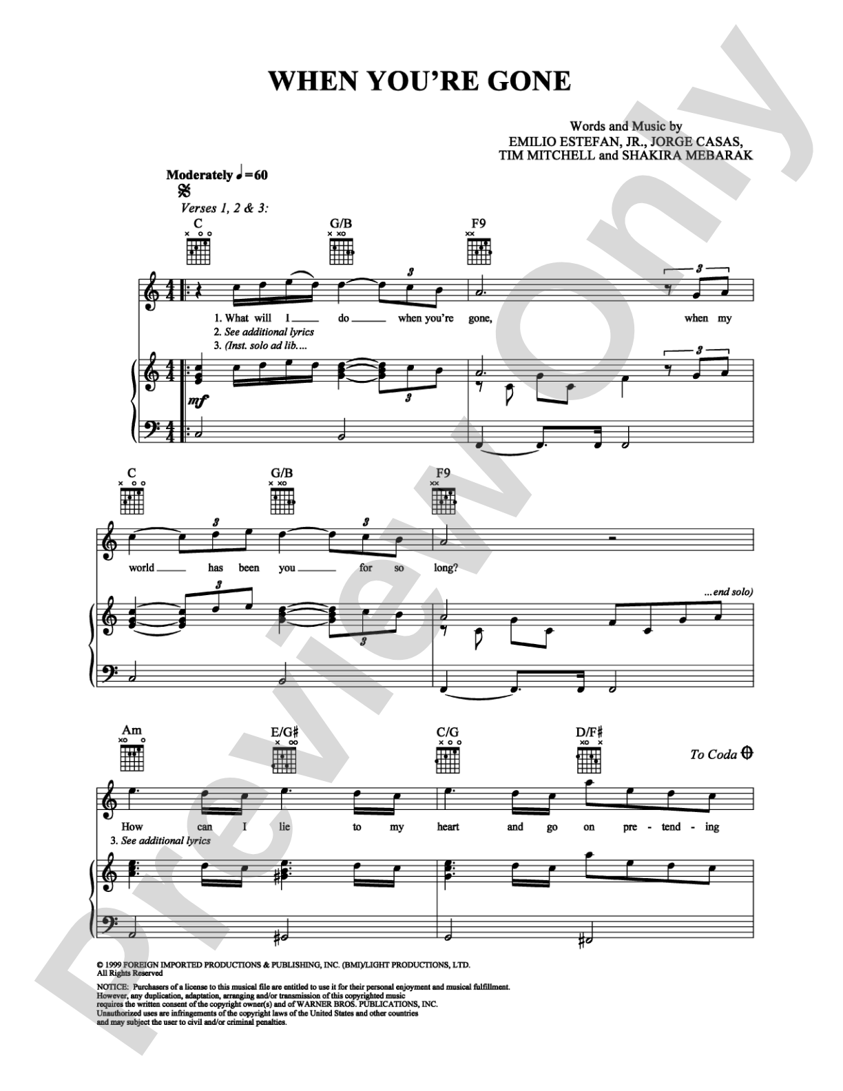 When You're Gone: Piano/Vocal/Chords Digital Sheet Music