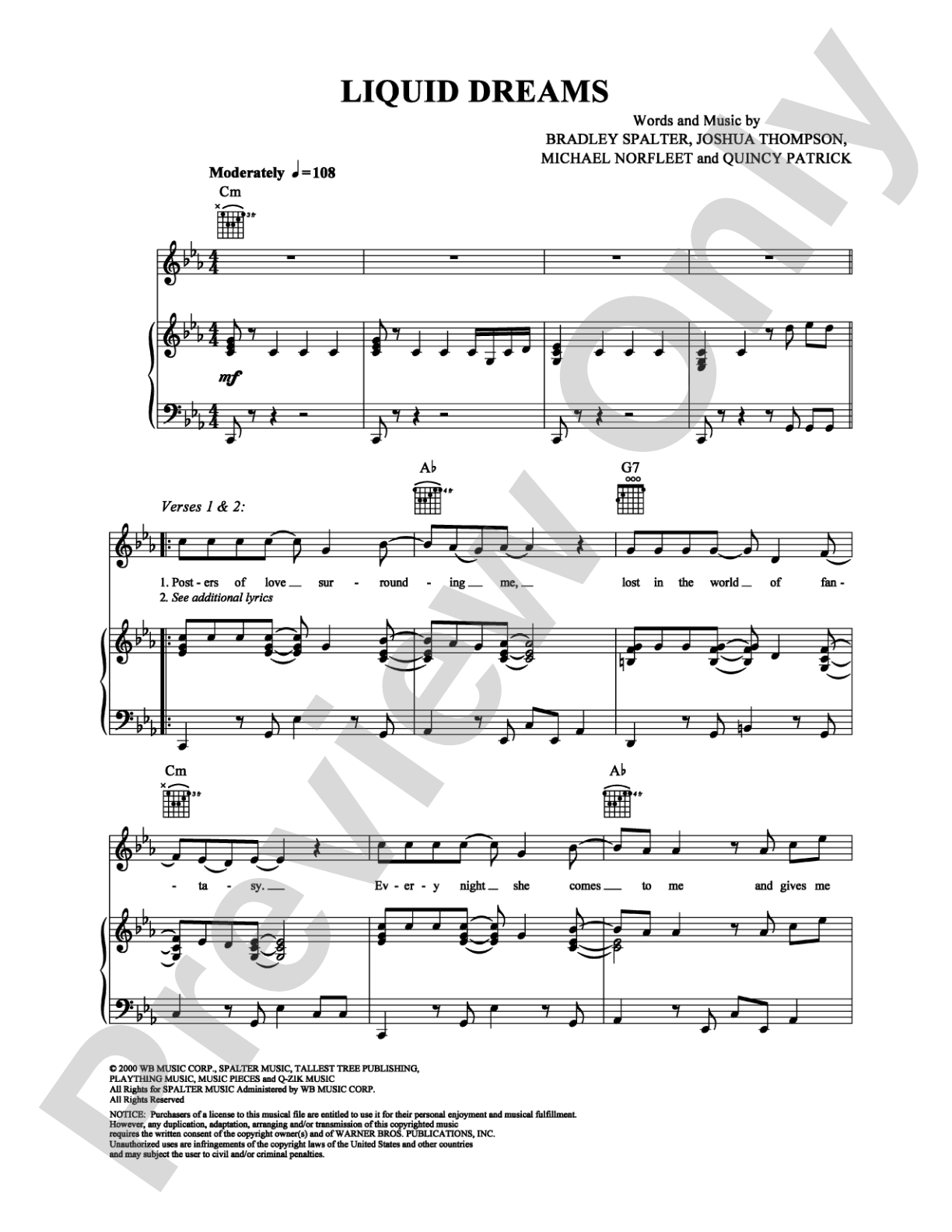 Liquid Dreams: Piano/Vocal/Chords Digital Sheet Music