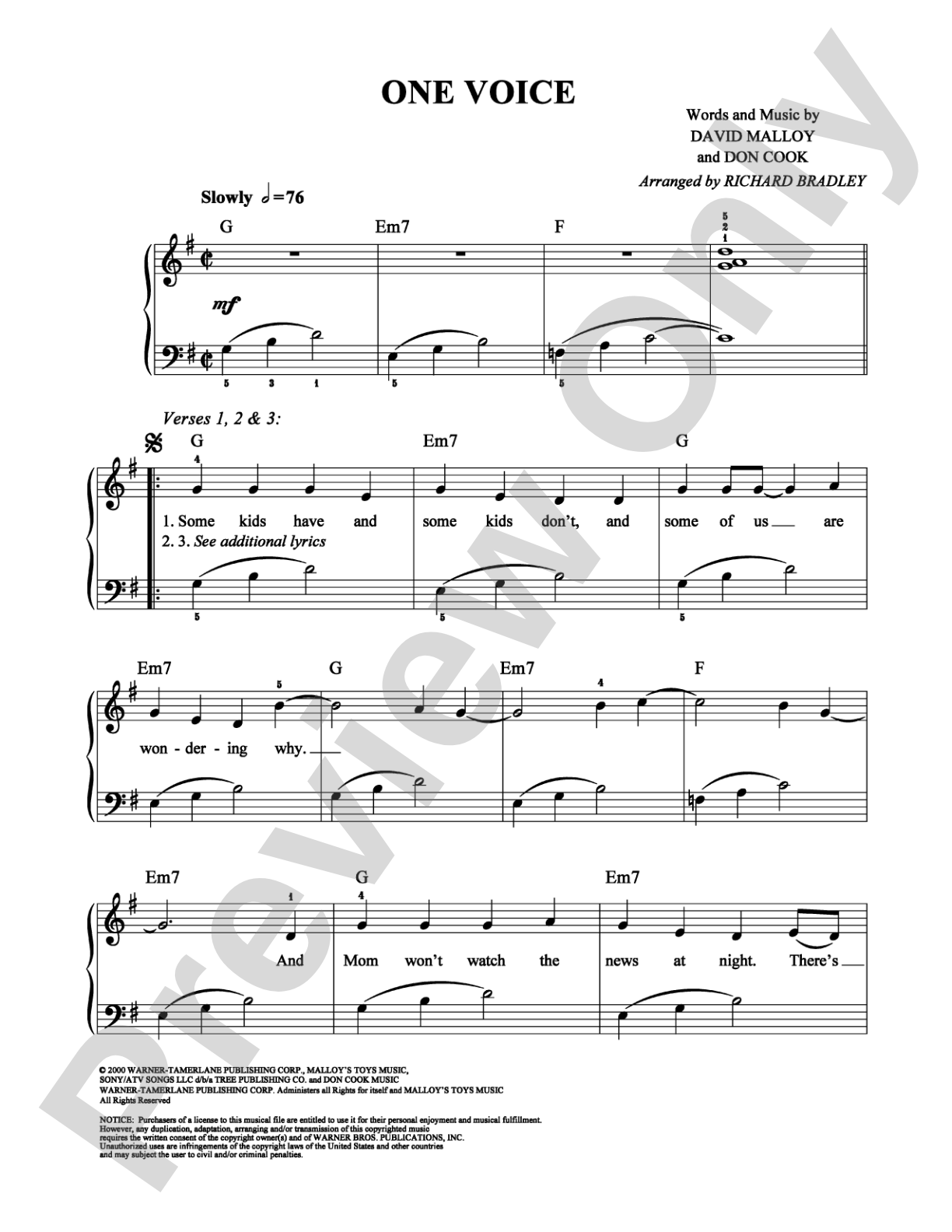 One Voice: Easy Piano Digital Sheet Music