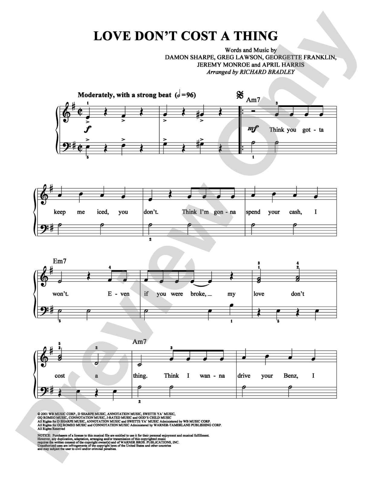 Love Don't Cost a Thing: Easy Piano Digital Sheet Music