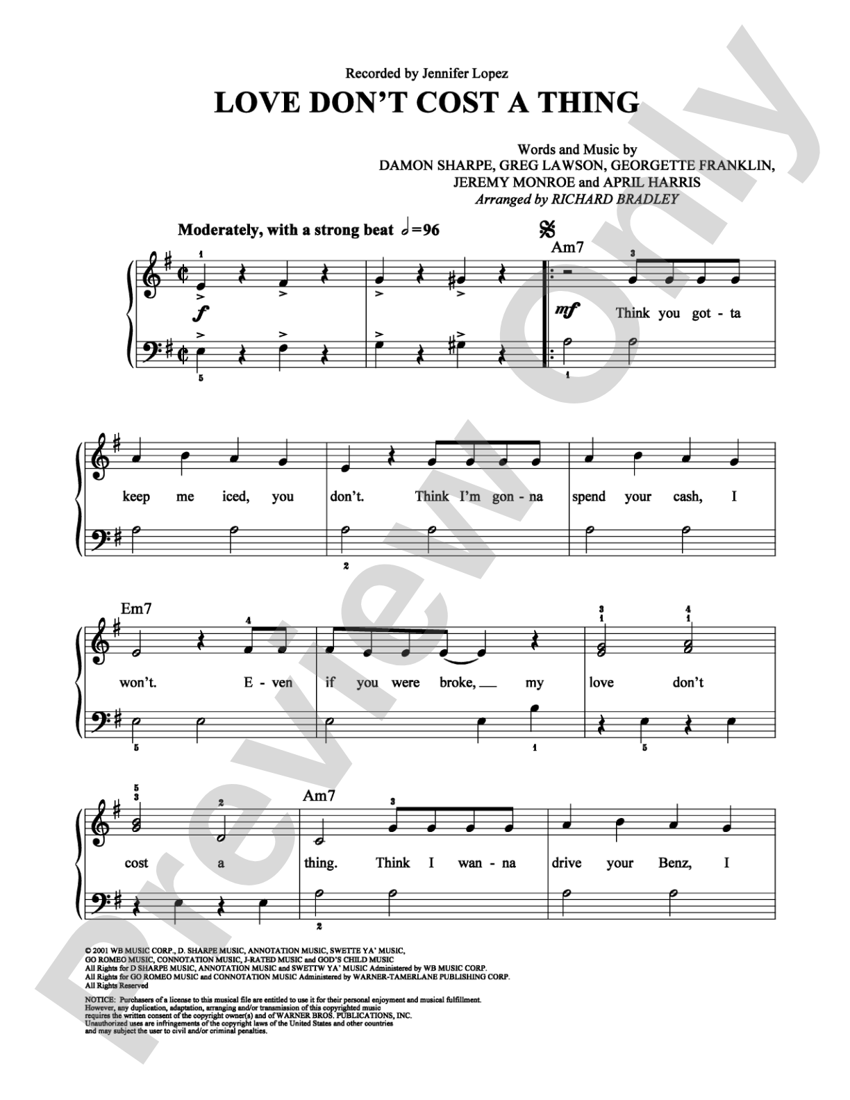 Love Don't Cost a Thing: Easy Piano Digital Sheet Music