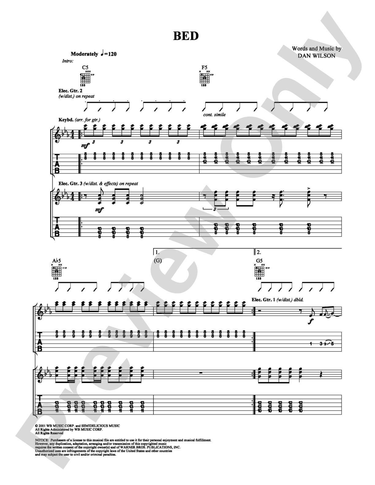 Bed: Guitar TAB Digital Sheet Music