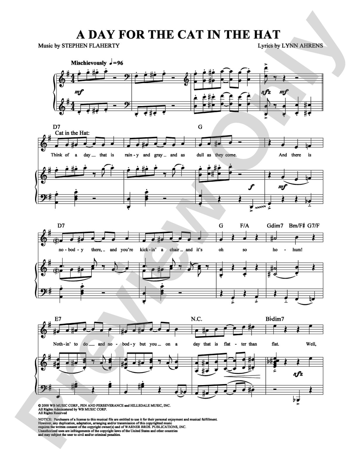 A Day for the Cat in the Hat: Piano/Vocal/Chords Digital Sheet Music