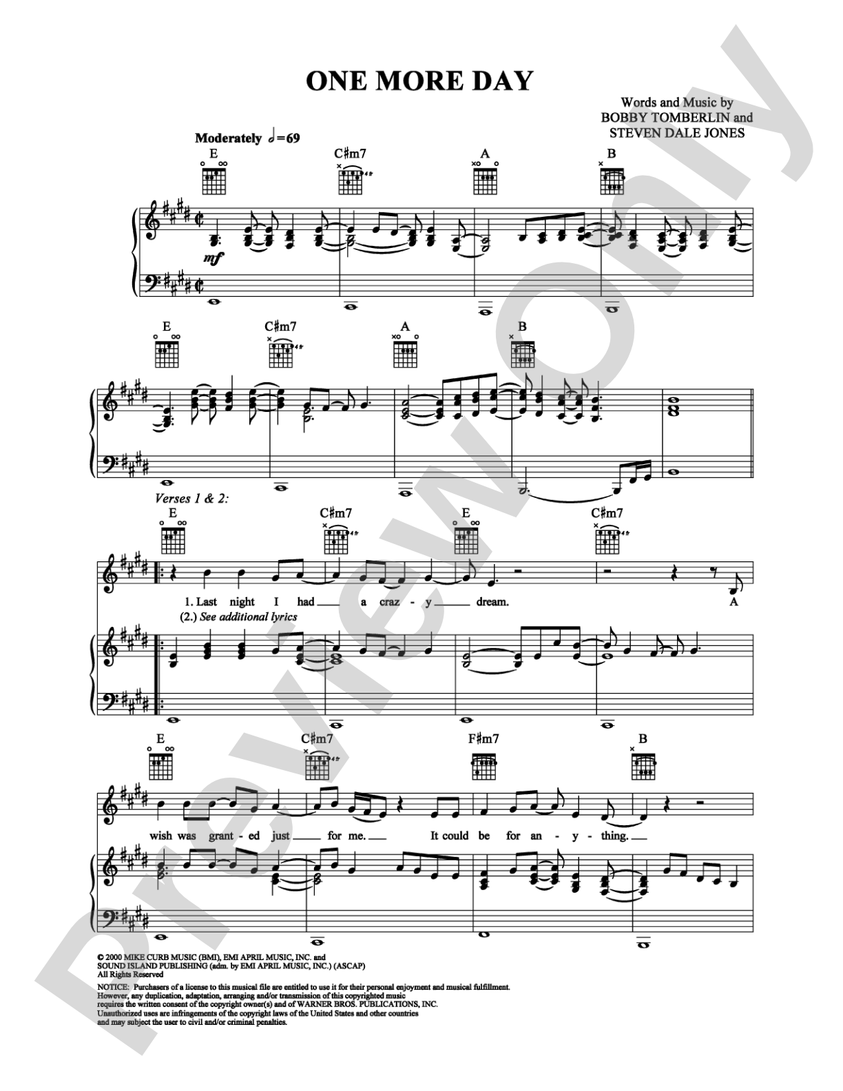 One More Day: Piano/Vocal/Chords Digital Sheet Music