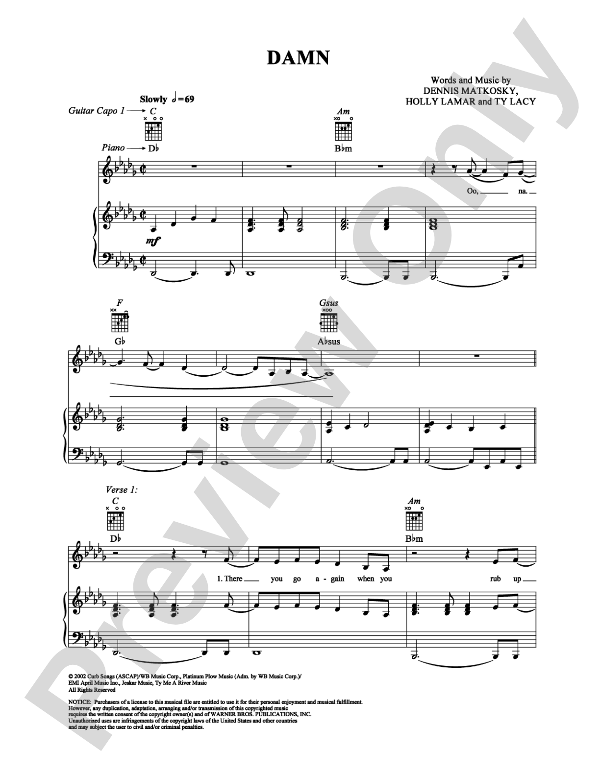 Damn: Piano/Vocal/Chords Digital Sheet Music