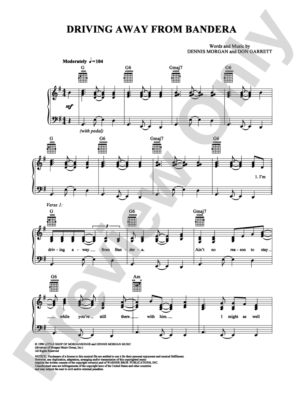 Driving Away from Bandera: Piano/Vocal/Chords Digital Sheet Music