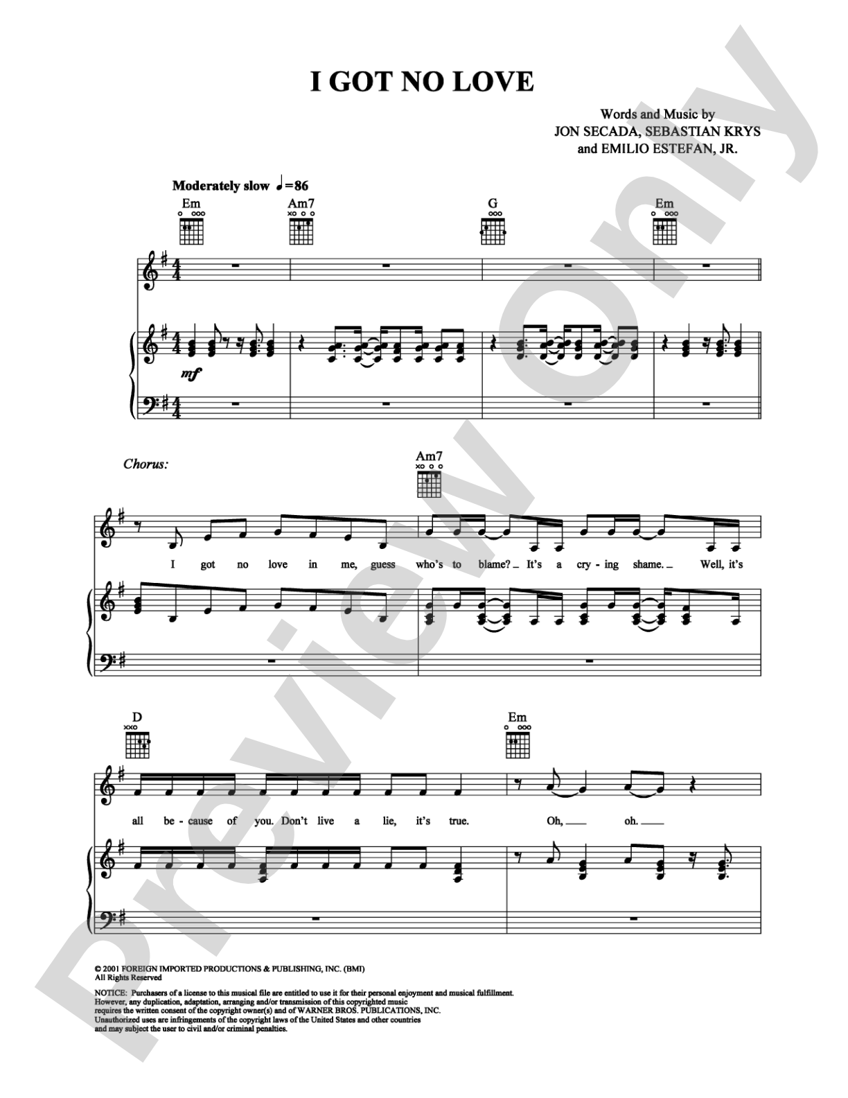 I Got No Love: Piano/Vocal/Chords Digital Sheet Music