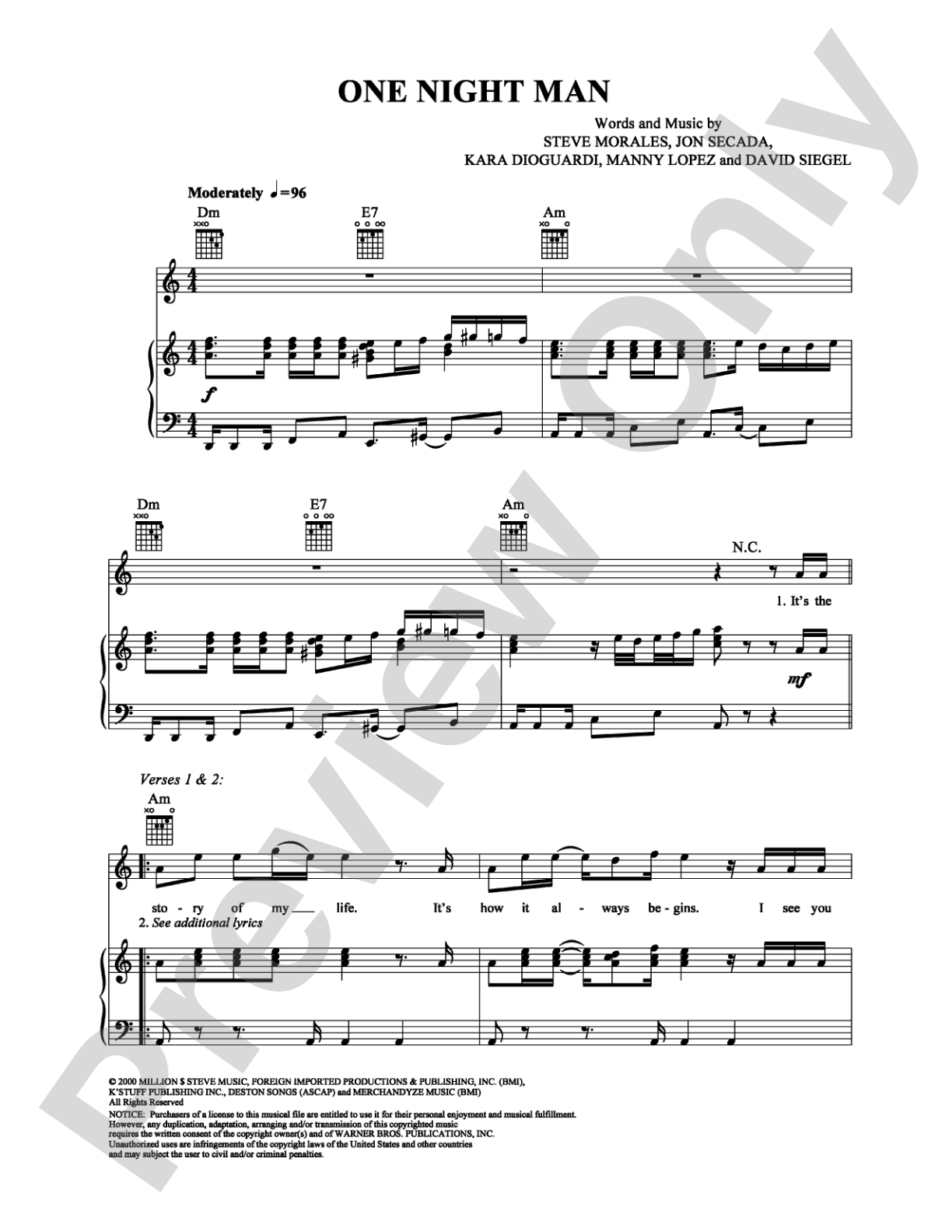 One Night Man: Piano/Vocal/Chords Digital Sheet Music