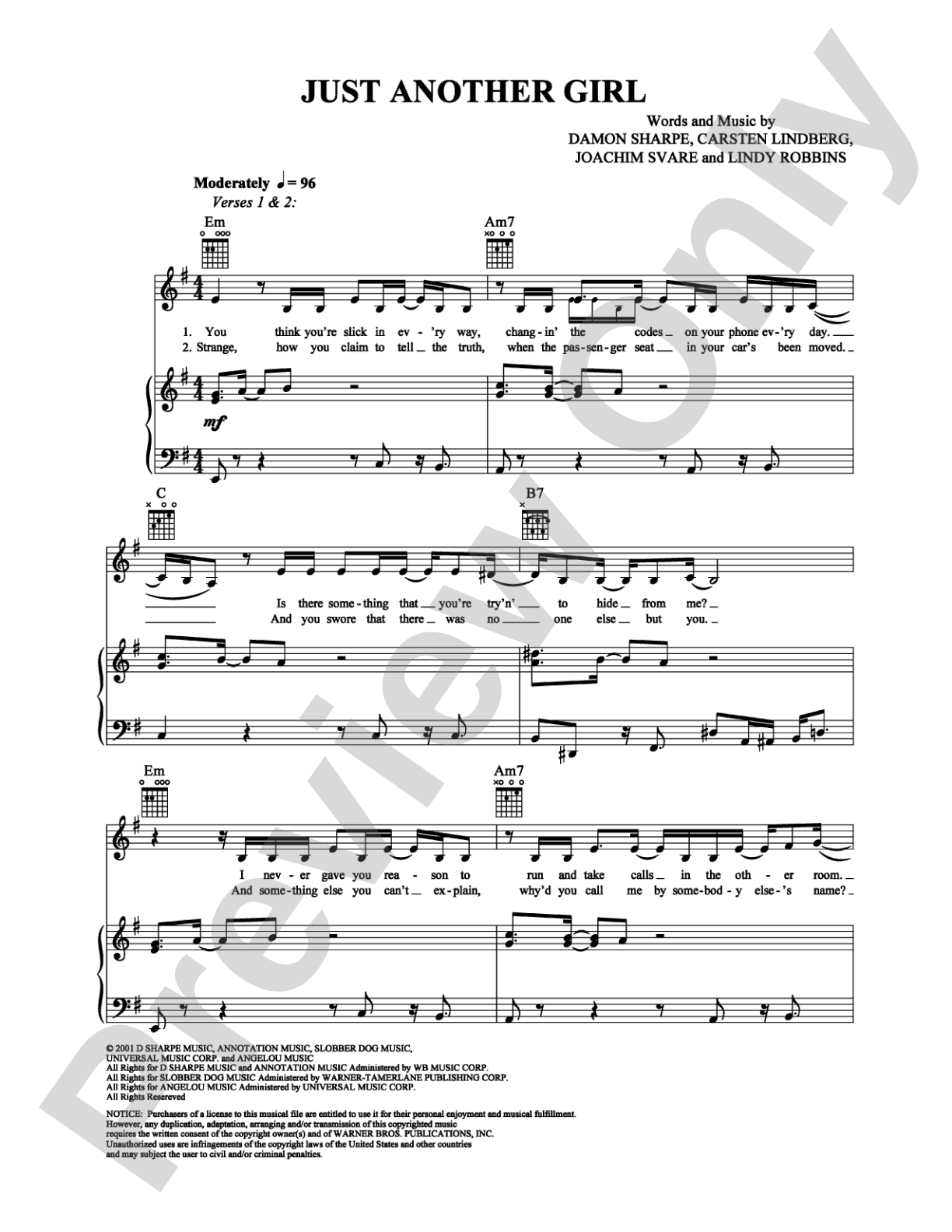 Just Another Girl: Piano/Vocal/Chords Digital Sheet Music