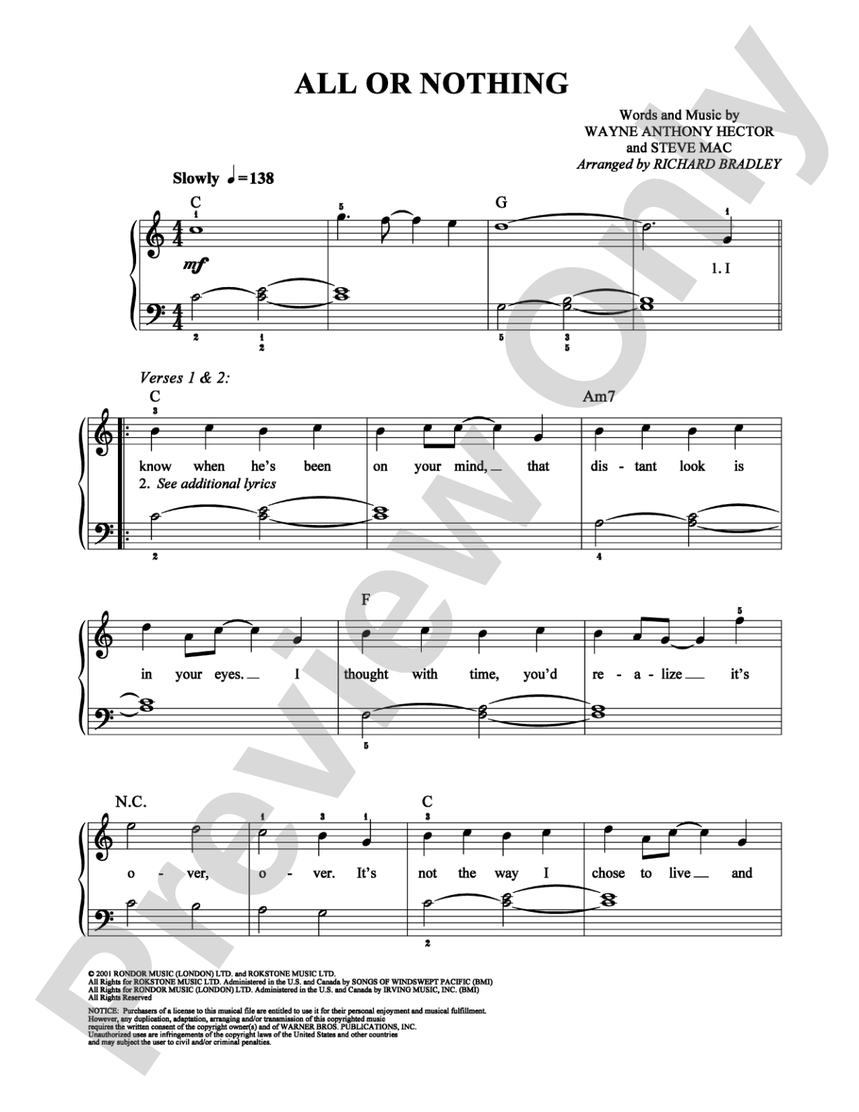 All or Nothing: Easy Piano Digital Sheet Music